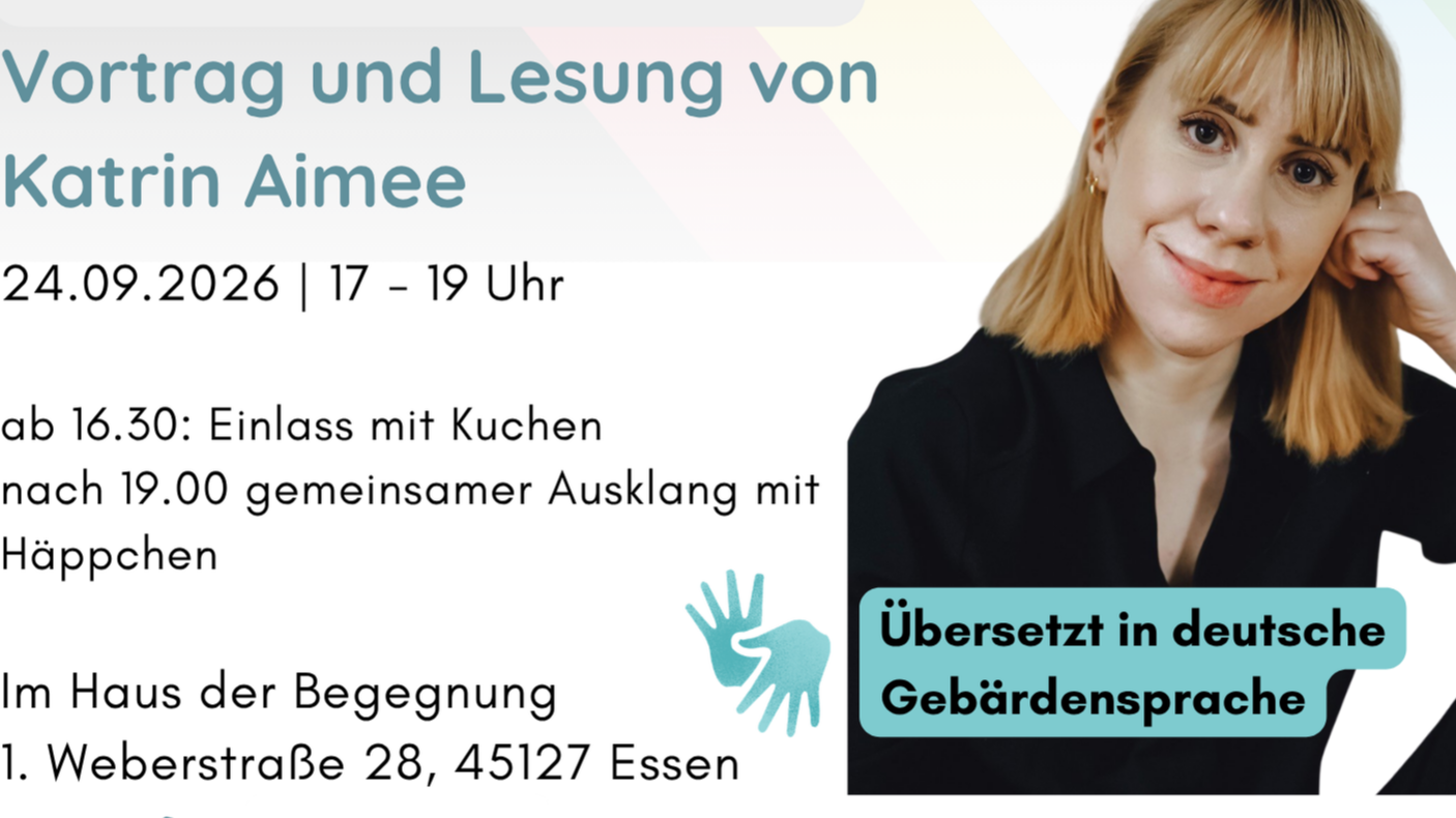 Katrin Aimee ist Autorin, Psychologin und Content Creatorin. Wir hören einen Vortrag: „Laut, sichtbar, unbequem. Disability Pride - Feminismus und die Kraft, Raum einzunehmen“.