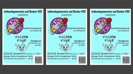 Punkabend mit MensTrueNation (Freiburg) & Racoon Rage (Köln) im Bunker K101 Köln-Ehrenfeld