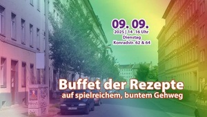 Buffet der Rezepte auf spielreichem, buntem Gehweg
