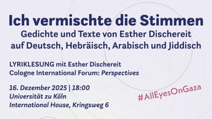 Titel „‘Ich vermischte die Stimmen‘ – Gedichte und Texte von Esther Dischereit auf Deutsch, Hebräisch, Arabisch und Jiddisch – ALL-EYES-ON-GAZA -“