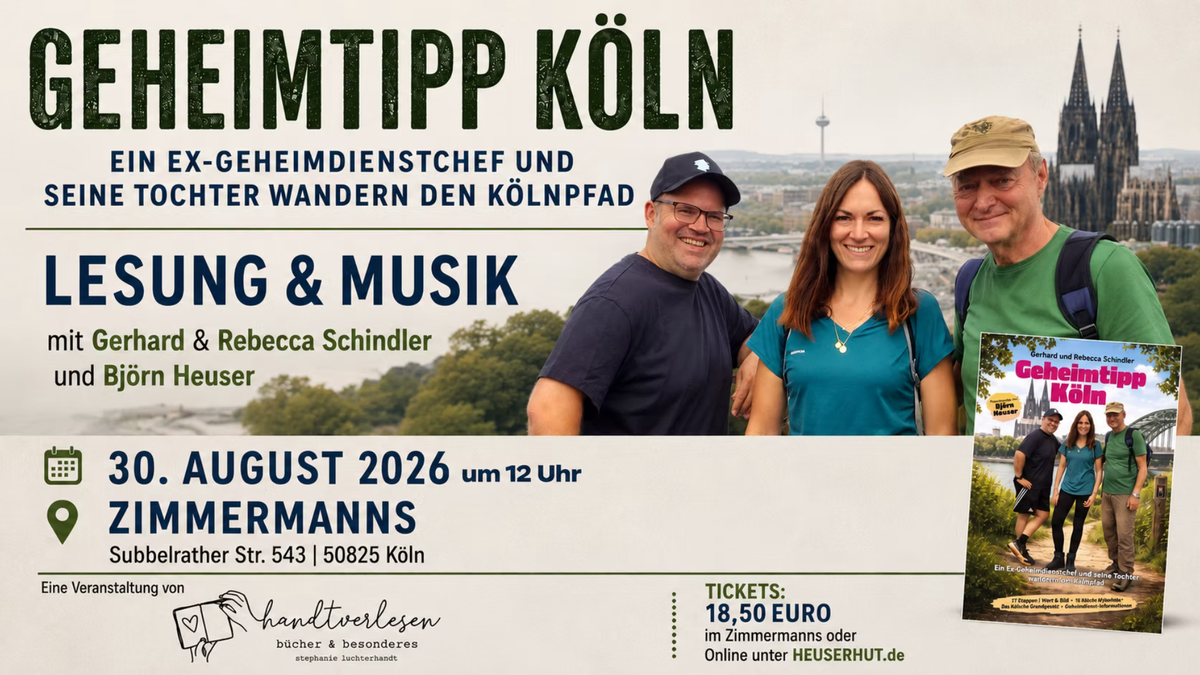 Titelbild der Veranstaltung GEHEIMTIPP KÖLN - Lesung mit Rebecca Schindler, Gerhard Schindler & Björn Heuser in Zimmermanns Jassweetschaff