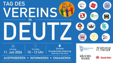 In Deutz aktiv - Tag des Vereins am Samstag, 11. Juli 2026, Schulhof der Grundschulen am Gotenring. 10 - 13 Uhr