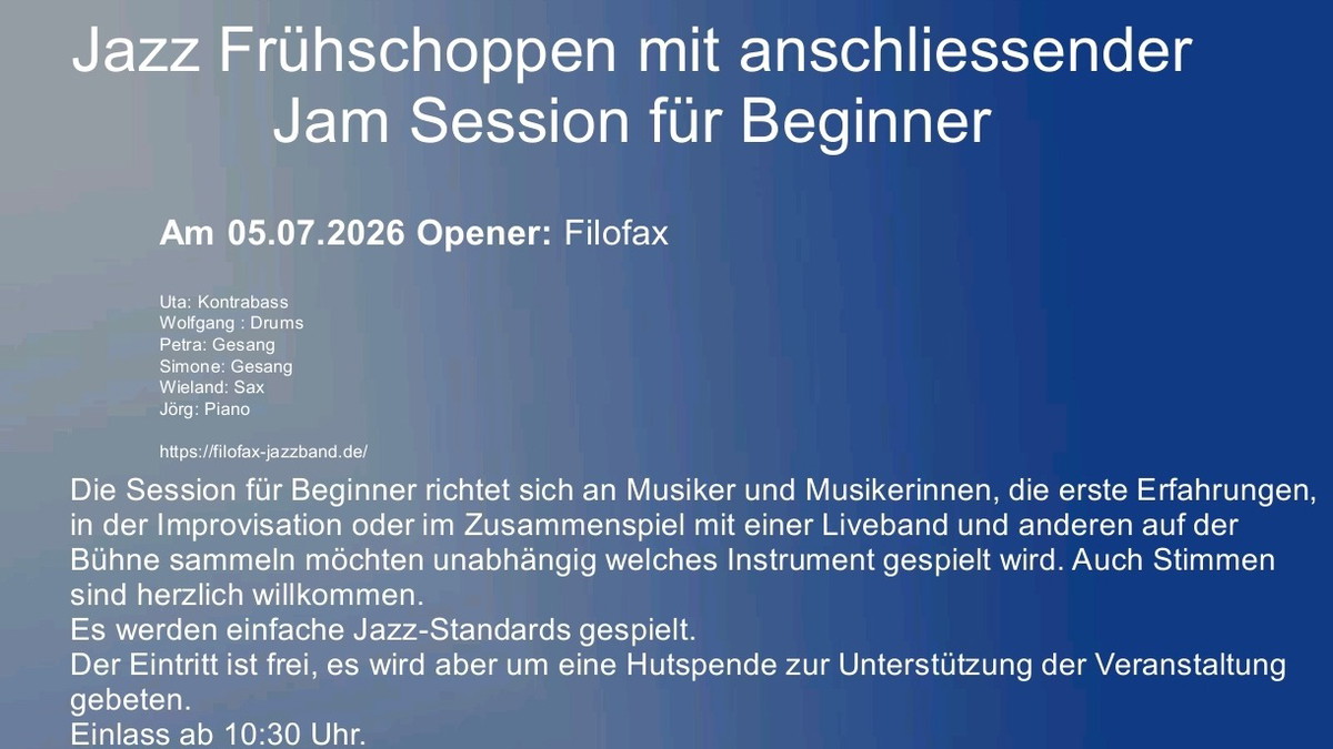 Jazz Frühshopen mit anschließender JamSession für Beginner