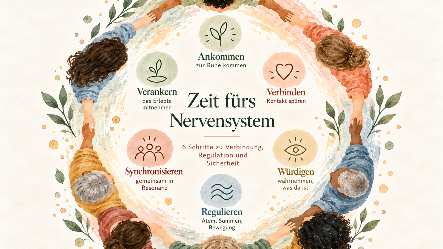 Zeit fürs Nervensystem, 120-minütiger Erfahrungsraum mit einem klaren Ablauf: Ankommen, Verbinden, Würdigen, Regulieren, Synchronisieren und Verankern.
