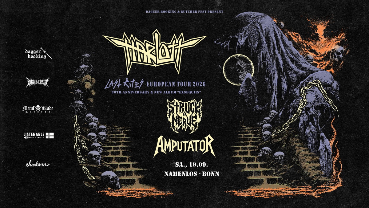 Titelbild der Veranstaltung LAST RITES European Tour mit Harlott (20. Jubiläum & Album Release), Struck A Nerve und Amputator