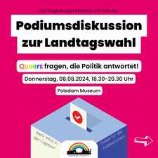 Queerer Parlamentarischer Abend mit Podiumsdiskussion „Queers fragen, die Politik antwortet“ zur Landtagswahl Brandenburg