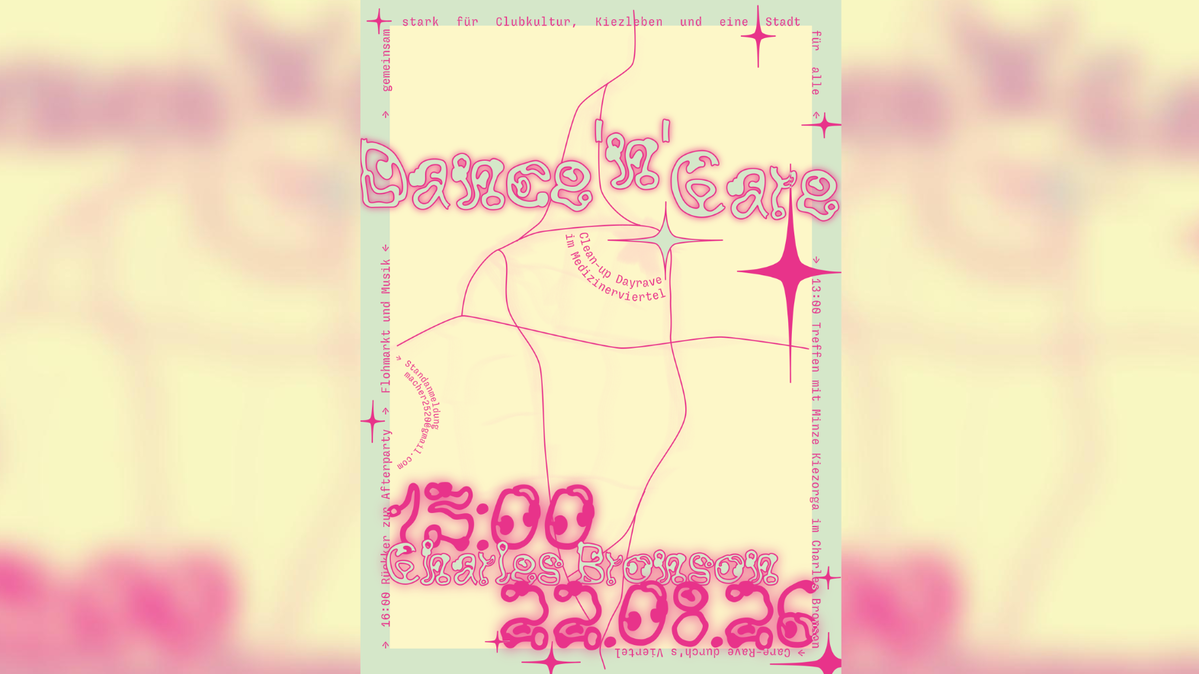 Plakat in pink, beige und grün, mit den Daten des Events
