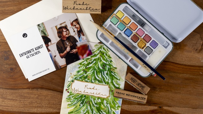 Weihnachtskarten gestalten mit Aquarellfarben & Weinprobe