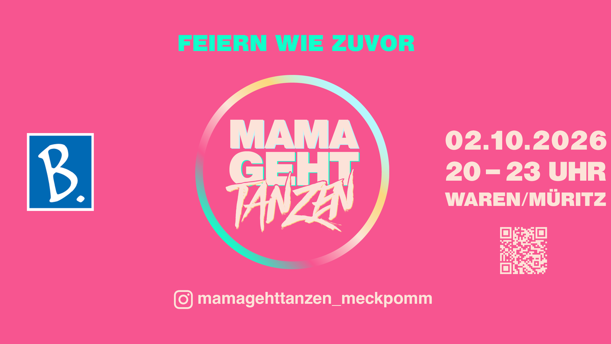 Logo Mamagehttanzen mit Logo Bürgersaal Waren Müritz und Datum 02.10.2026 von 20 - 23 Uhr