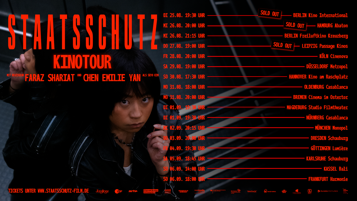 Poster zum Film Staatsschutz. Darstellerin Chen Emilie Yan schaut in die Kamera. Neben ihr sind Termine der Kinotour zu sehen