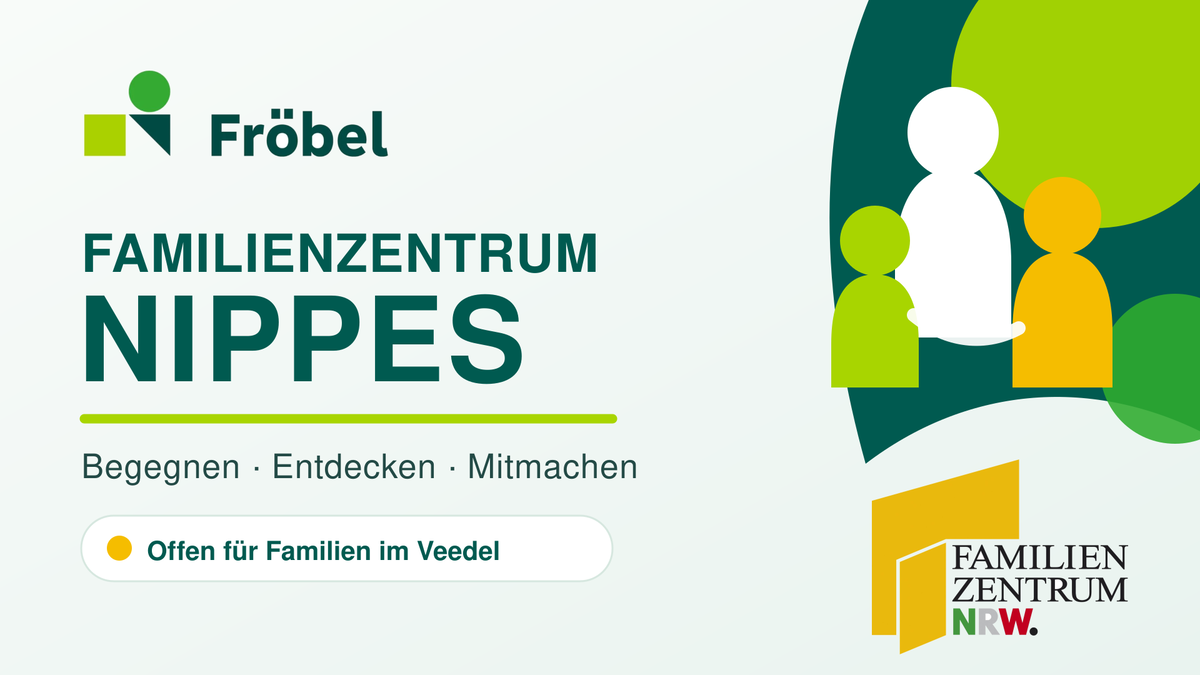 Grafik des FRÖBEL-Familienzentrums Nippes mit zwei Logos und drei stilisierten Personen in Grün, Weiß und Gelb.