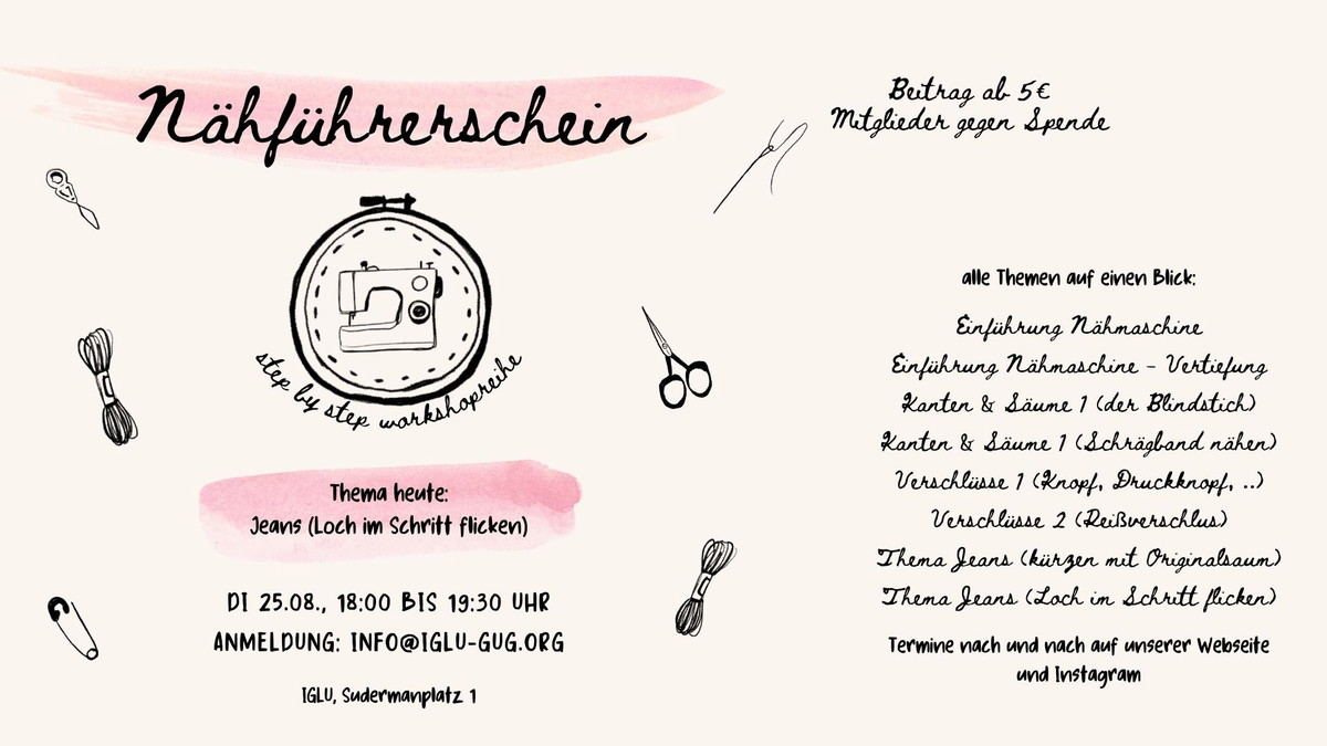 Titelbild der Veranstaltung Nähführerschein für Erwachsene - Thema Jeans flicken (Workshop)