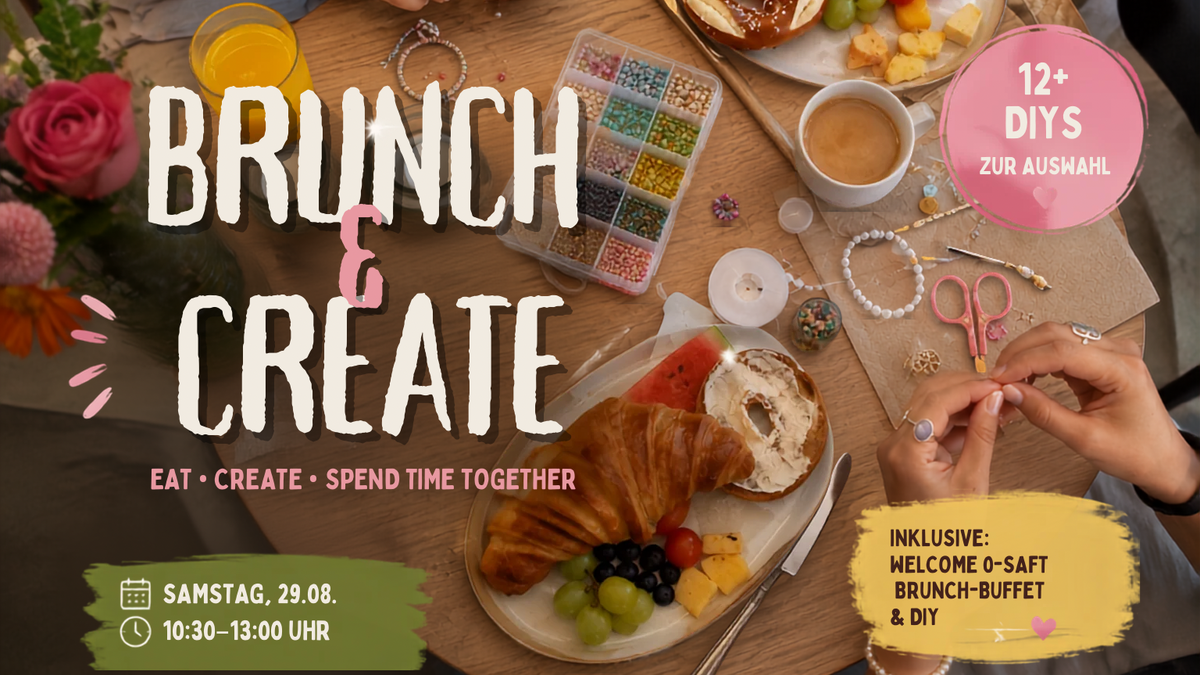 Brunch & Create Nürnberg: vegan-vegetarisches Brunchbuffet, O-Saft und kreative DIYs wie Freundschaftsarmbänder.