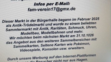 Trödel & Sammlermarkt am Samstag, den 31. Oktober 2026 in der Bürgerhalle Hagen-