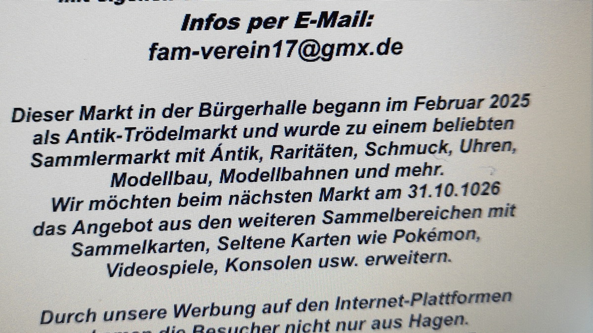 Titelbild der Veranstaltung Trödel & Sammlermarkt am Samstag, den 31. Oktober 2026 in der Bürgerhalle Hagen-