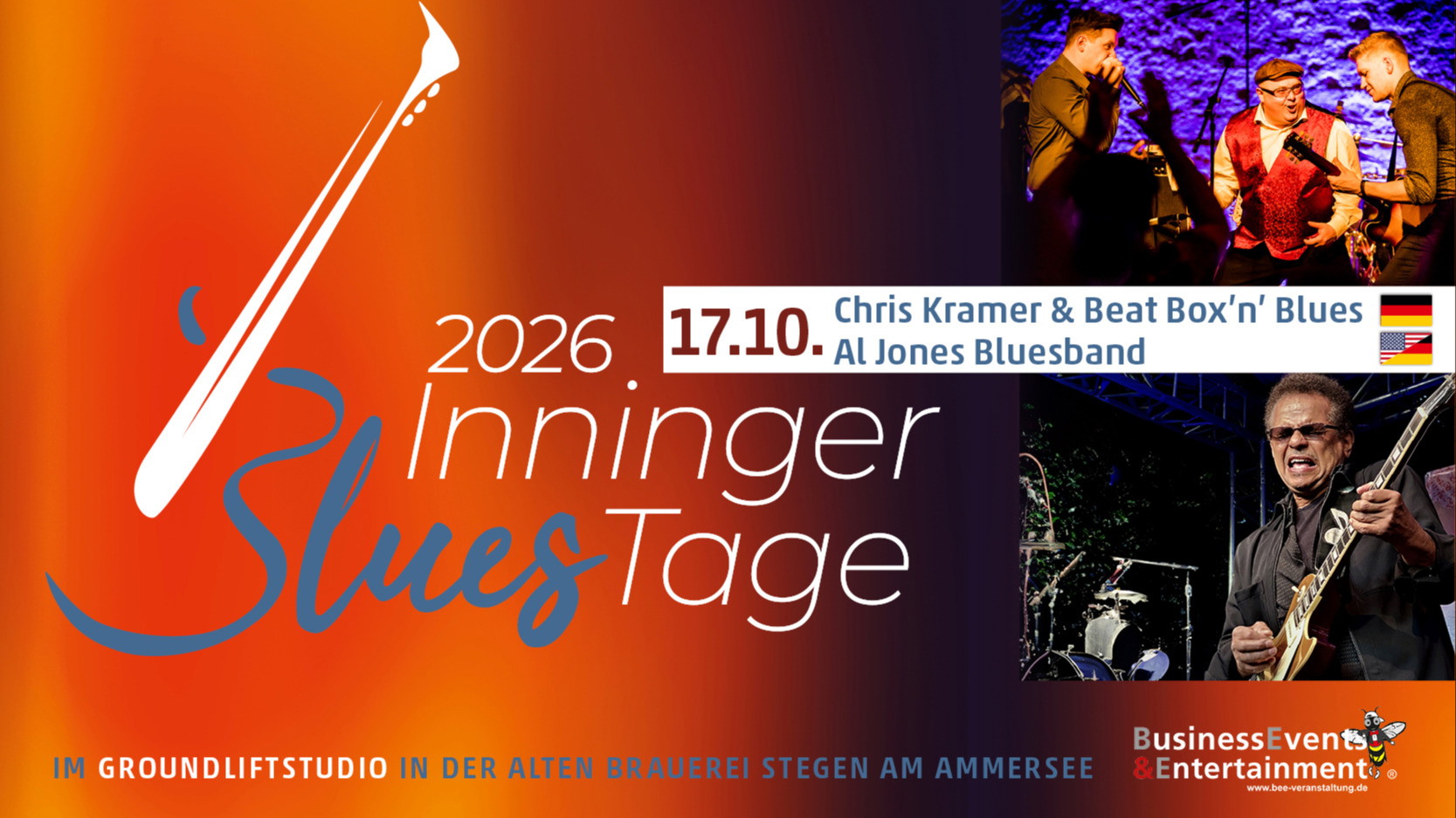 Inninger Bluestage 2026 - Tag 2 von 4: Mit Chris Kramer & Beat Box’n’ Blues und der Al Jones Bluesband. Für ein Ticket gibt’s zwei Bands am Abend in cooler Location.