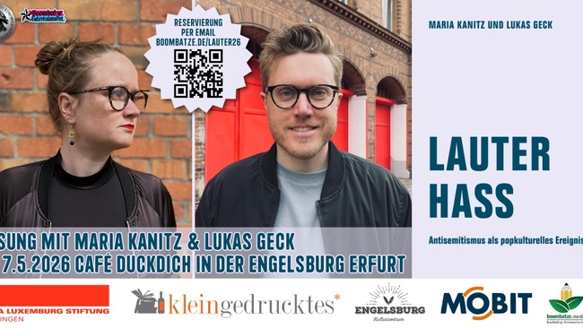 Lesung mit Maria Kanitz & Lukas Geck: „Lauter Hass. Antisemitismus als popkulturelles Ereignis“ | 7.5.26 Café DuckDich Erfurt