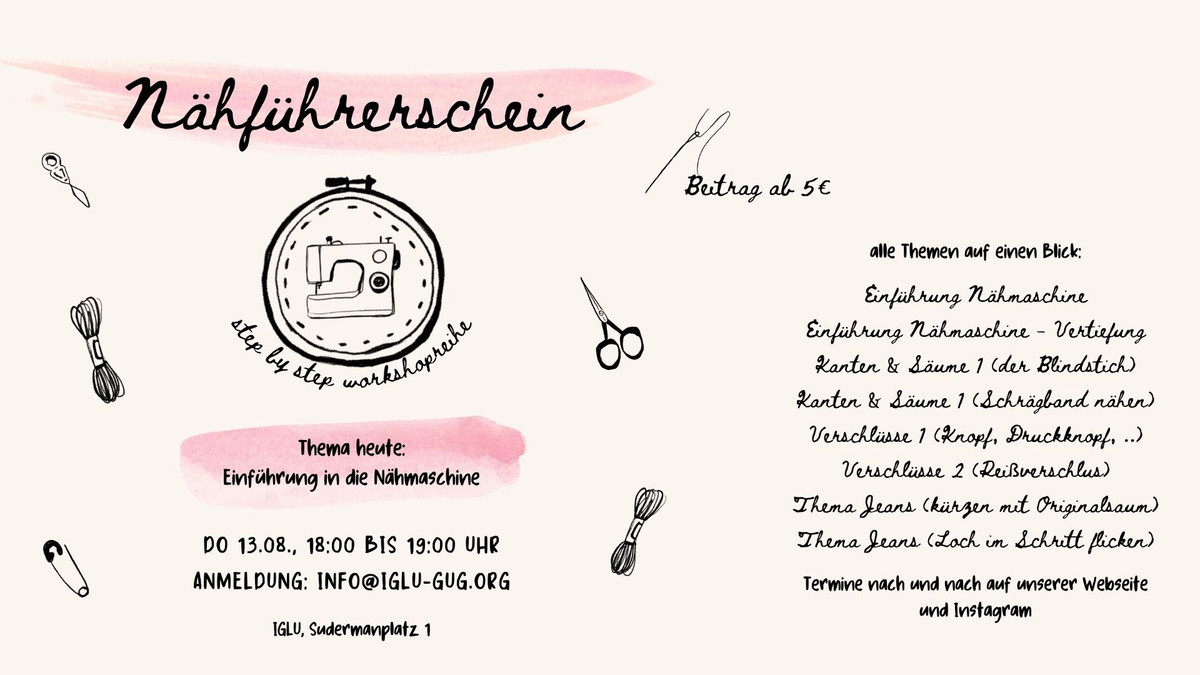 Titelbild der Veranstaltung Nähführerschein für Erwachsene - Thema Einführung in die Nähmaschine (Workshop)