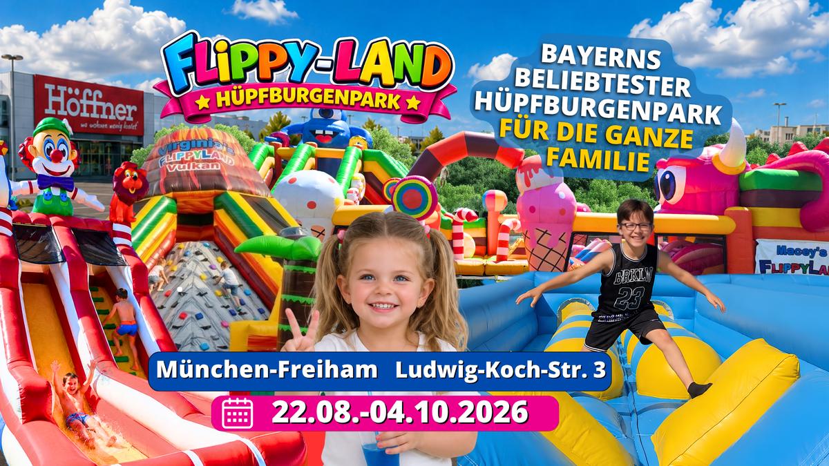Titelbild der Veranstaltung Flippy-Land Hüpfburgenpark kommt nach München-Freiham