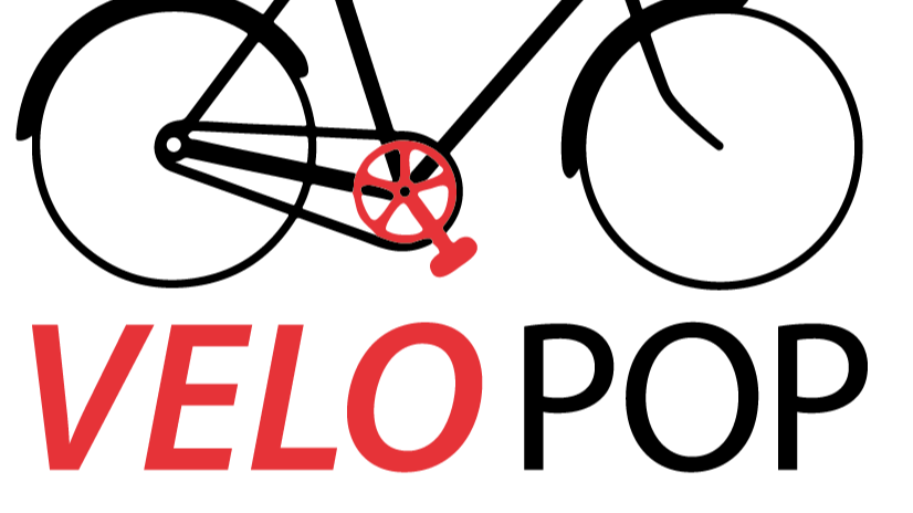 velopop Logo bestehend aus einem Fahrrad und dem velopop Schriftzug