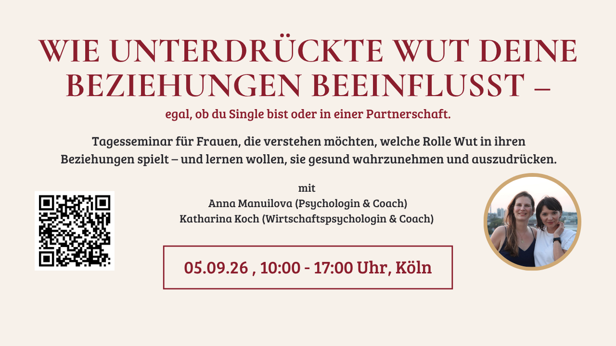 Titelbild der Veranstaltung Wie unterdrückte Wut deine Beziehungen beeinflusst – egal, ob du Single bist oder in einer Partnerschaft.