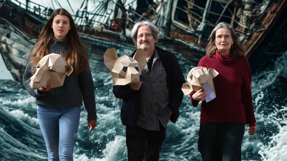 dasvinzenz Team mit Masken zwischen stürmischen Wellen, im Hintergrund ein sinkendes Schiff