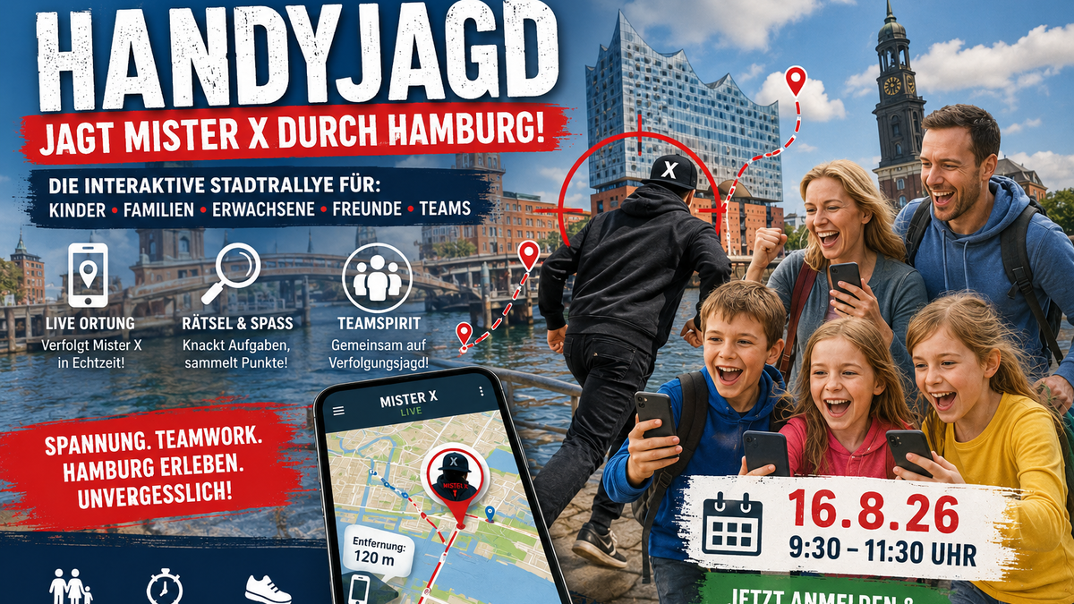 Titelbild der Veranstaltung Hamburg jagt Mister X - Scotland Yard Live - gegen eine echte Person - Stadtführung und Spiel