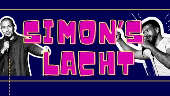 Zwei Männer, die neben einem rosanem Schriftzug stehen, der Simons's Lacht zeigt