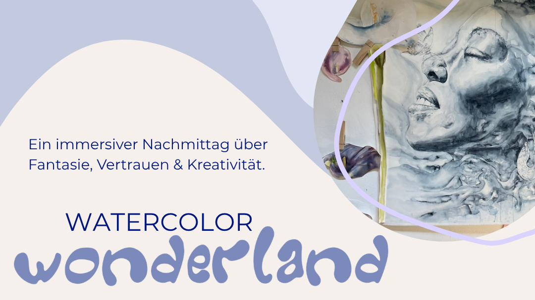 Illustration zum Aquarell-Workshop mit abstrakten Formen und einem Aquarell-Porträt einer Frau in Blau- und Grautönen.