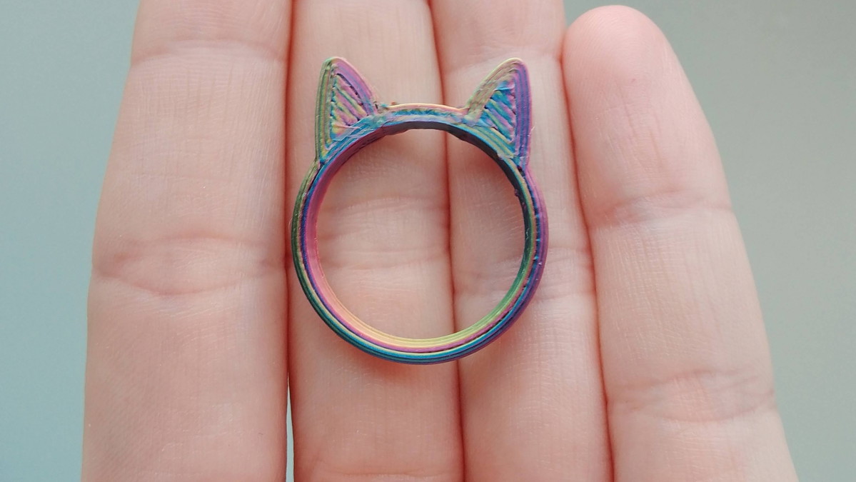 Ein Ring in Regenbogenfarben und mit Katzenohren liegt in einer Handfläche
