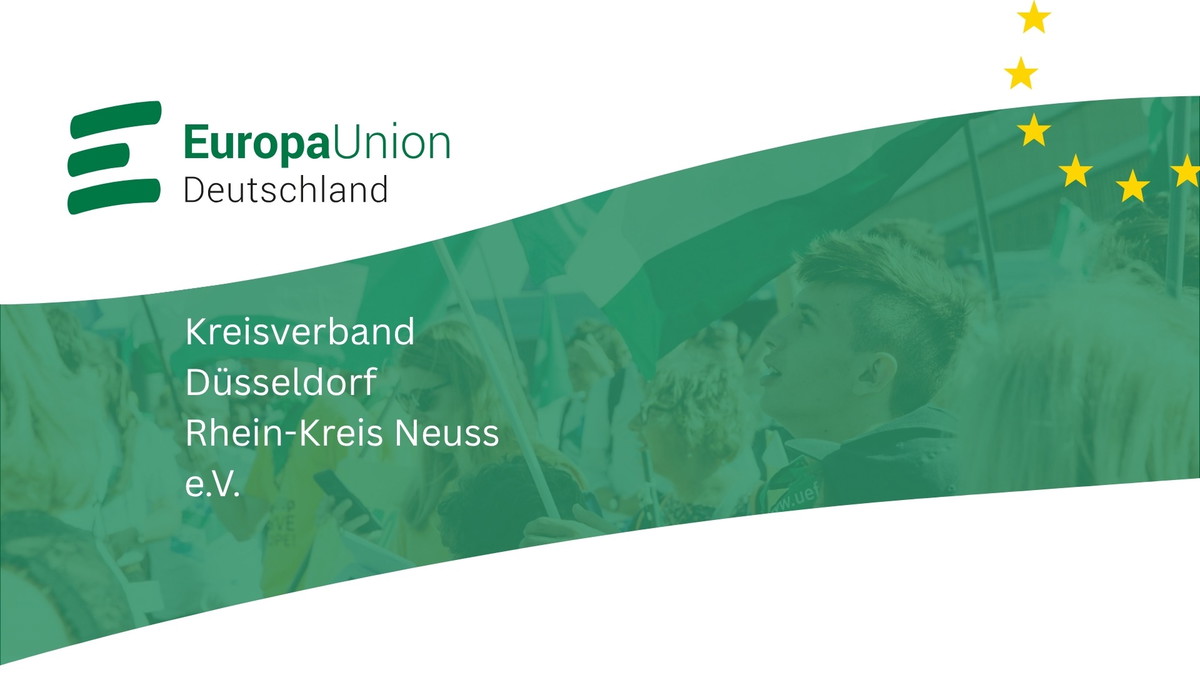 eine Fahne weht mit Bild hoffnungsvoller Zukunft und Titel Europa-Union Kreisverband Düsseldorf und Rhein-Kreis Neuss