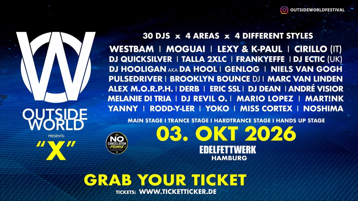 Titelbild der Veranstaltung OUTSIDE WORLD FESTIVAL Hamburg TECHNO CLASSICS RAVE