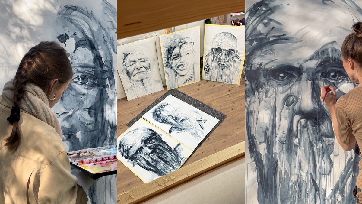 Hero mit Aufnahmen aus dem Malprozess mit Aquarell, Frau malend vor weiblichem Gesichtern