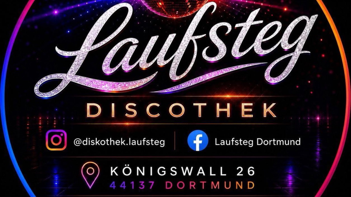 Logo der Diskothek Laufsteg Dortmund mit Adresse und Social-Media-Kanälen.