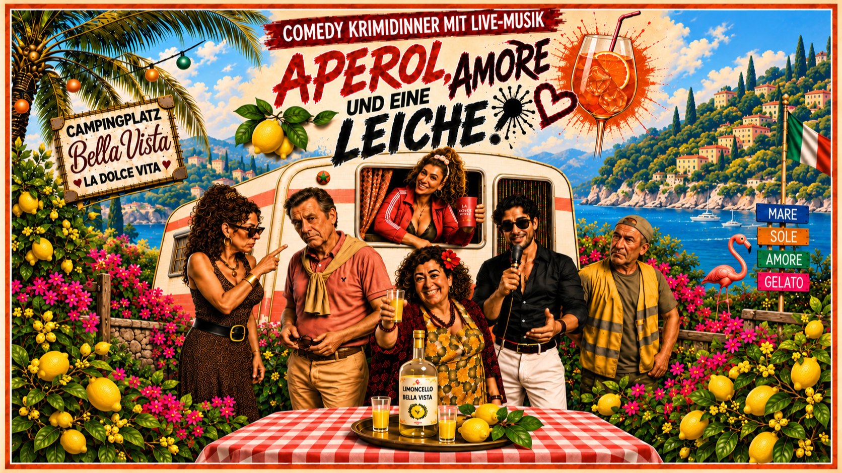 Aperol, Amore und eine Leiche - Comedy-Krimidinner mit Live-Musik