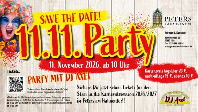 Große Karnevalsparty am 11.11.2026 mit Dj Axel.