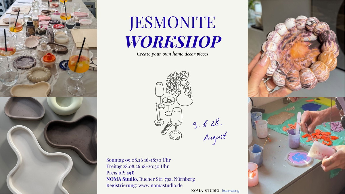 Jesmonite Workshop in Nürnberg am So 9. August und Fr 28.8., Bilder von Workshoplocation und handgefertiger Jesmonite Deko